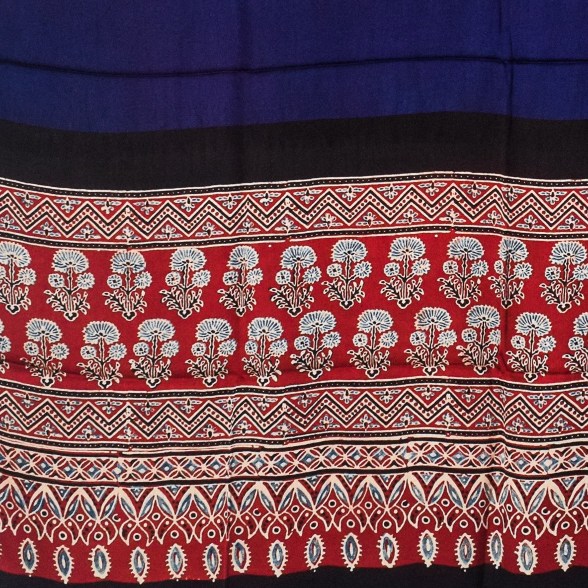 Ajrakh Modal Silk Part Natural Dye Half Plain Dyeing Hand Block Print Dupatta with Tassels - 2.5 Mtr Length - SKU : AI2014AK