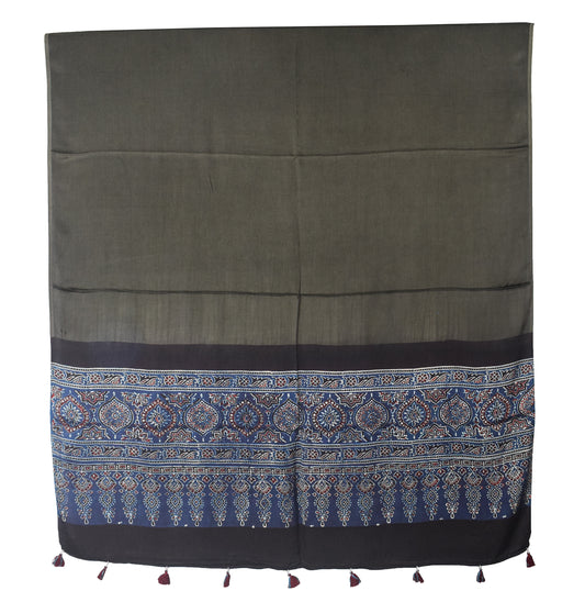 Ajrakh Modal Silk Part Natural Dye Half Plain Dyeing Hand Block Print Dupatta with Tassels - 2.5 Mtr Length - SKU : AI21701D