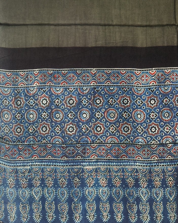 Ajrakh Modal Silk Part Natural Dye Half Plain Dyeing Hand Block Print Dupatta with Tassels - 2.5 Mtr Length - SKU : AI21701Q