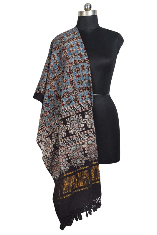 Ajrakh Kala Cotton Natural Dye Hand Block Print Dupatta with Golden Border - 2.65 Mtr Length - SKU : DB09201A