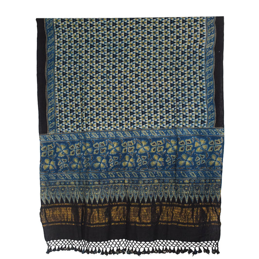 Ajrakh Kala Cotton Natural Dye Hand Block Print Dupatta with Golden Border - 2.65 Mtr Length - SKU : DB09201C