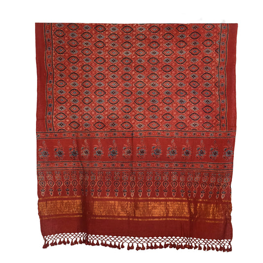 Ajrakh Kala Cotton Natural Dye Hand Block Print Dupatta with Golden Border - 2.65 Mtr Length - SKU : DB09201B