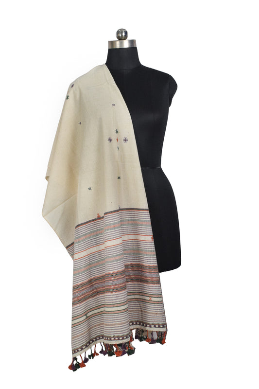 Weaving Design Kala Cotton Hand Embroidered Mirror Work Dupatta with Tassels - 2.35 Mtr Length - SKU : DV16201B