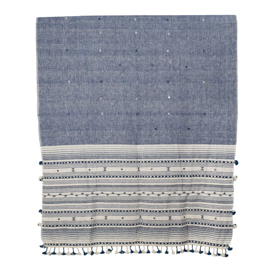 Weaving Design Kala Cotton Hand Embroidered Mirror Work Dupatta with Tassels - 2.35 Mtr Length - SKU : DV16201A