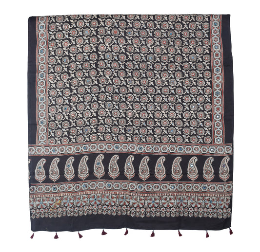Ajrakh Modal Silk Natural Dye Mirrorwork Hand Block Print Dupatta with Tassels - 2.5 Mtr Length - SKU : ID17601D