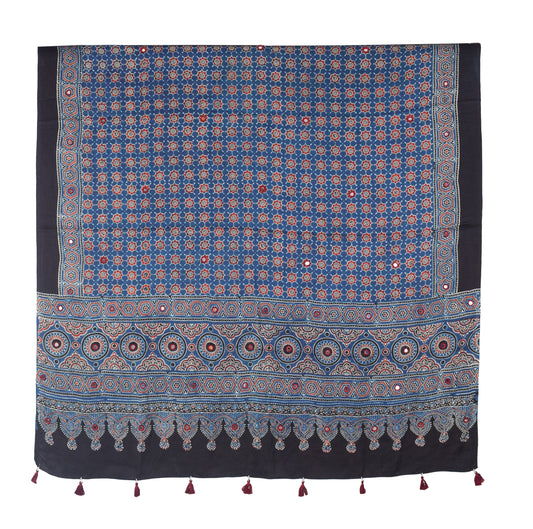 Ajrakh Modal Silk Natural Dye Mirrorwork Hand Block Print Dupatta with Tassels - 2.5 Mtr Length - SKU : ID17601B