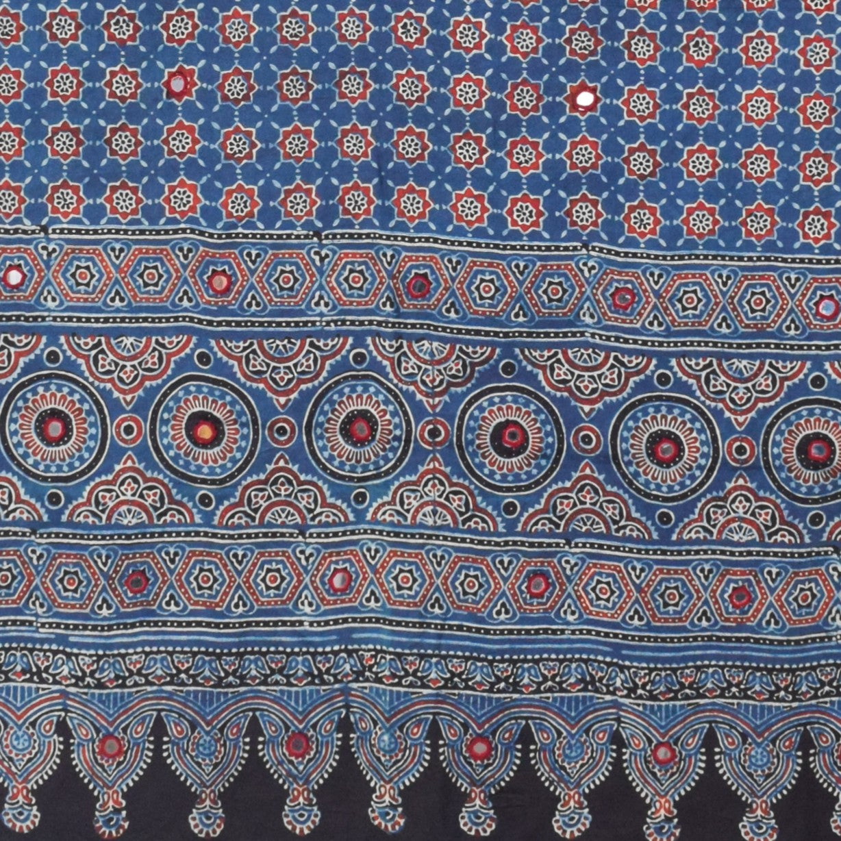 Ajrakh Modal Silk Natural Dye Mirrorwork Hand Block Print Dupatta with Tassels - 2.5 Mtr Length - SKU : ID17601B