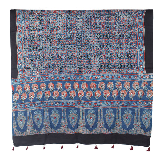 Ajrakh Modal Silk Natural Dye Mirrorwork Hand Block Print Dupatta with Tassels - 2.5 Mtr Length - SKU : ID17601E