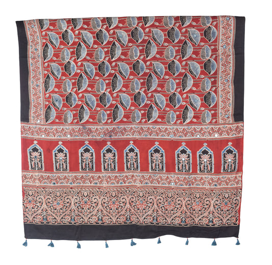 Ajrakh Modal Silk Natural Dye Mirrorwork Hand Block Print Dupatta with Tassels - 2.5 Mtr Length - SKU : ID17601F