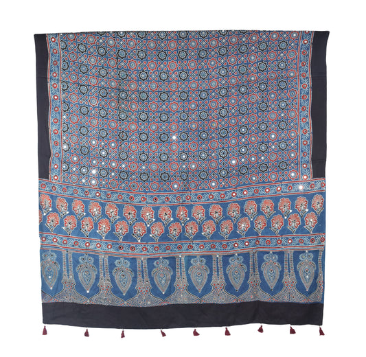 Ajrakh Modal Silk Natural Dye Small Mirror Work Hand Block Print Dupatta with Tassels - 2.5 Mtr Length - SKU : ID17602A