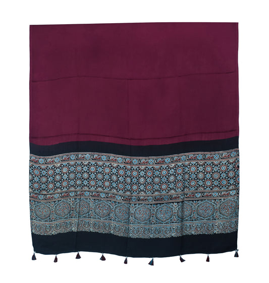 Ajrakh Modal Silk Part Natural Dye Half Plain Dyeing Hand Block Print Dupatta with Tassels - 2.5 Mtr Length - SKU : AI20104B