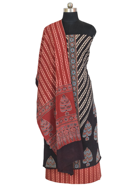 Ajrakh Cotton Natural Dye Three Colour Full Printed Hand Block Print Dress Material with 44 Inch wide Dupatta - 2.5 Mt Top - SKU : AI03501A
