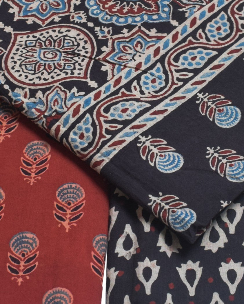 Ajrakh Cotton Natural Dye Three Colour Full Printed Hand Block Print Dress Material with 44 Inch wide Dupatta - 2.5 Mt Top - SKU : AI03501Y