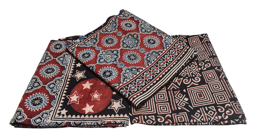 Ajrakh Cotton Natural Dye Three Colour Full Printed Hand Block Print Dress Material with 44 Inch wide Dupatta - 2.5 Mt Top - SKU : ID26501H