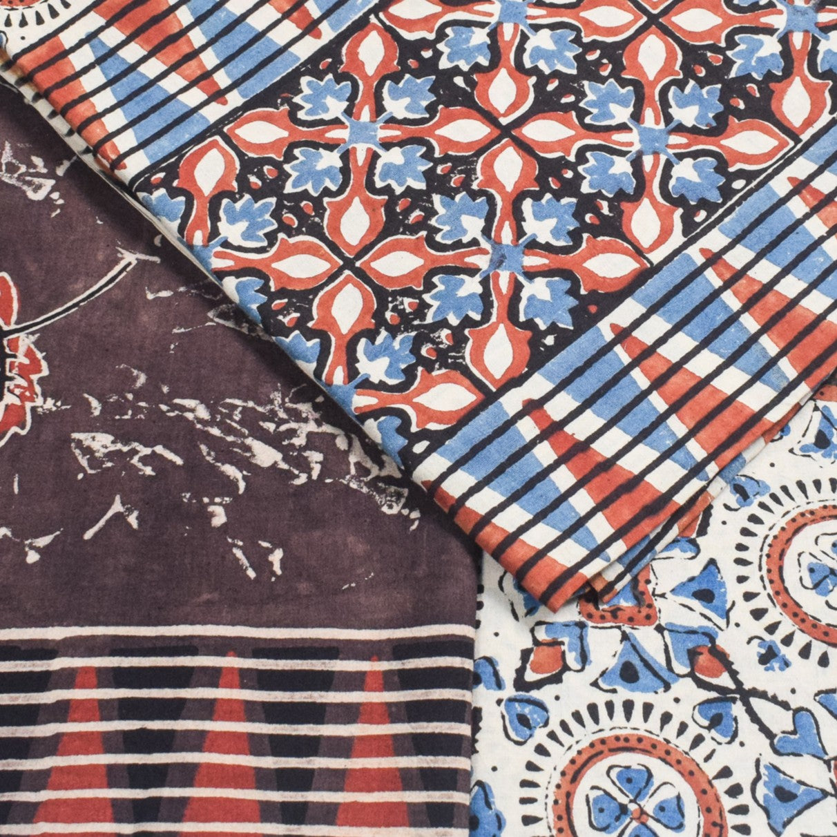 Ajrakh Cotton Natural Dye Three Colour Print | 3 Kam | Hand Block Print Dress Material with 44 Inch wide Dupatta - 2.5 Mt Top - SKU : AI03701M