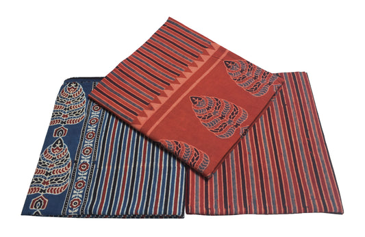 Ajrakh Cotton Natural Dye Three Colour Full Printed Hand Block Print Dress Material with 44 Inch wide Dupatta - 2.5 Mt Top - SKU : AI03501L