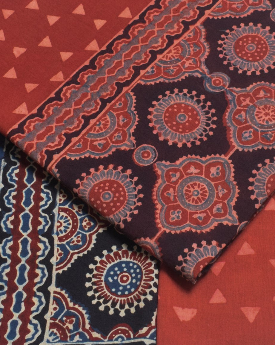 Ajrakh Cotton Natural Dye Three Colour Full Printed Hand Block Print Dress Material with 44 Inch wide Dupatta - 2.5 Mt Top - SKU : AI03501R