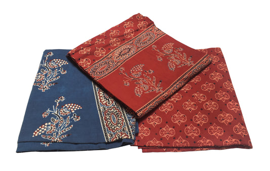 Ajrakh Cotton Natural Dye Three Colour Full Printed Hand Block Print Dress Material with 44 Inch wide Dupatta - 2.5 Mt Top - SKU : AI0350AD
