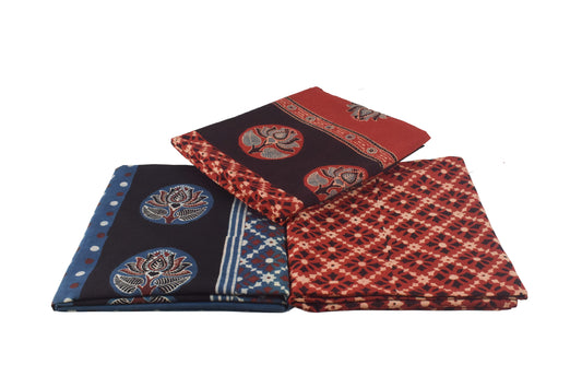 Ajrakh Cotton Natural Dye Three Colour Full Printed ( 3 Kam ) Hand Block Print Dress Material with 44 Inch wide Dupatta - 2.5 Mt Top - SKU : ID2083AG