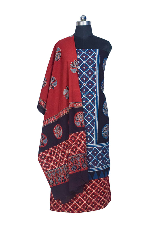 Ajrakh Cotton Natural Dye Three Colour Full Printed ( 3 Kam ) Hand Block Print Dress Material with 44 Inch wide Dupatta - 2.5 Mt Top - SKU : ID2083AG