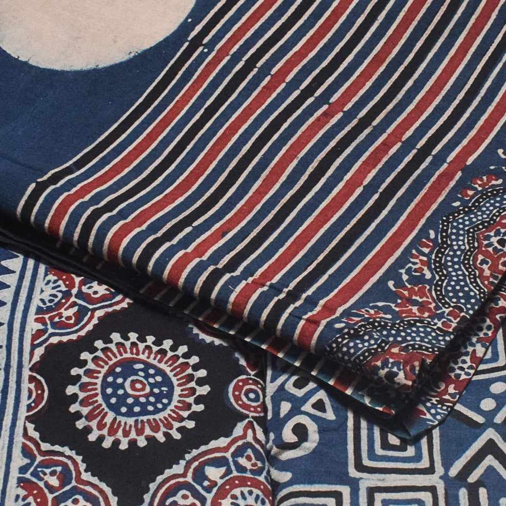 Ajrakh Cotton Natural Dye Three Colour Full Printed Hand Block Print Dress Material with 44 Inch wide Dupatta - 2.5 Mt Top - SKU : ID26501K