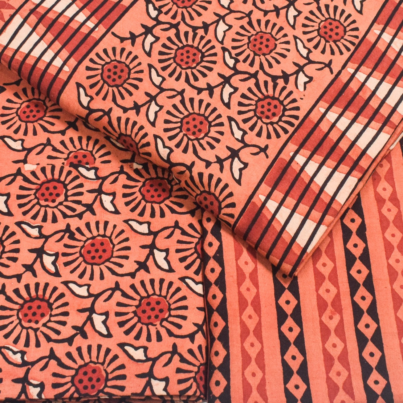 Ajrakh Cotton Natural Dye Three Colour Print | 3 Kam | Hand Block Print Dress Material with 44 Inch wide Dupatta - 2.5 Mt Top - SKU : AI03701Z