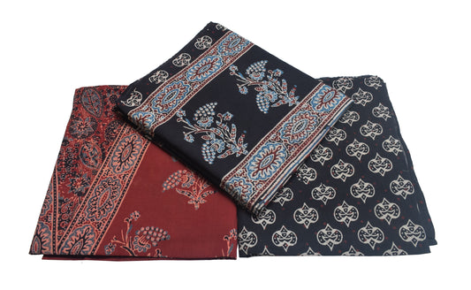Ajrakh Cotton Natural Dye Three Colour Full Printed Hand Block Print Dress Material with 44 Inch wide Dupatta - 2.5 Mt Top - SKU : AI03501U