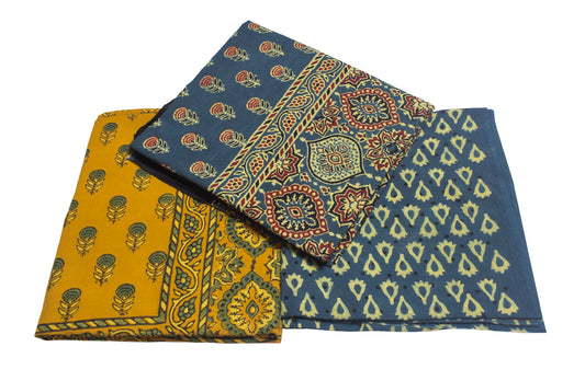 Ajrakh Cotton Natural Dye Three Colour Full Printed Hand Block Print Dress Material with 44 Inch wide Dupatta - 2.5 Mt Top - SKU : AI03501E