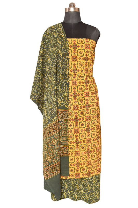 Ajrakh Cotton Natural Dye Three Colour Print Hand Block Print Dress Material  with 44 Inch wide Dupatta  - 2.5  Mt Top    -  SKU : ID03B01D