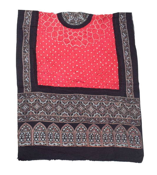 Ajrakh Satin Cotton Part Natural Dye Hand Block Print Dress Material with Bandhej Bottom and Dupatta - 2.5 Mt Top - SKU : MS24A01O