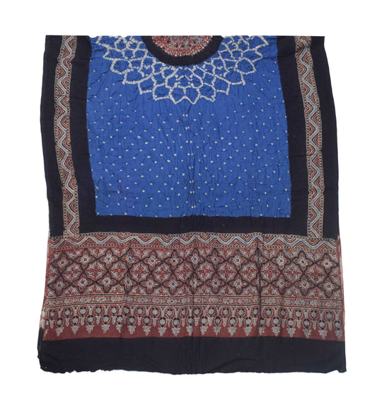 Ajrakh Satin Cotton Part Natural Dye Hand Block Print Dress Material with Bandhej Bottom and Dupatta - 2.5 Mt Top - SKU : MS24A01C