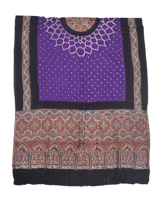 Ajrakh Satin Cotton Part Natural Dye Hand Block Print Dress Material with Bandhej Bottom and Dupatta - 2.5 Mt Top - SKU : MS24A01F