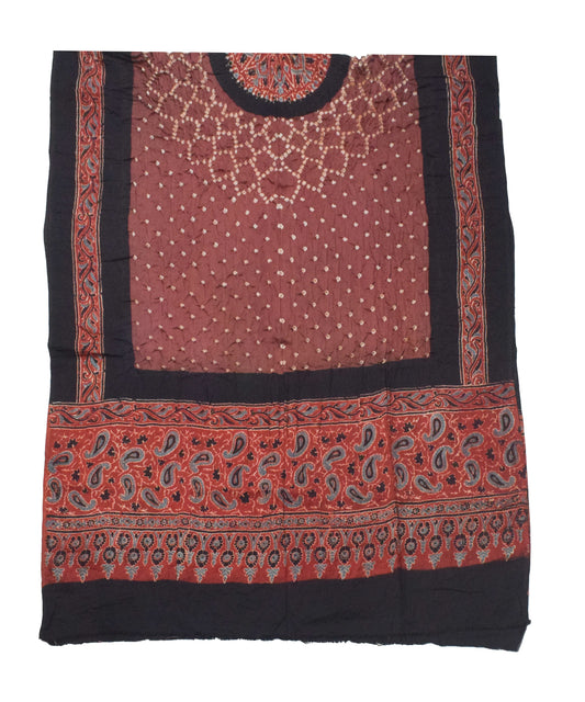 Ajrakh Satin Cotton Part Natural Dye Hand Block Print Dress Material with Bandhej Bottom and Dupatta - 2.5 Mt Top - SKU : MS24A01G