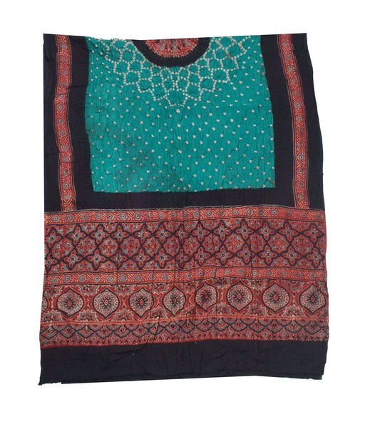 Ajrakh Satin Cotton Part Natural Dye Hand Block Print Dress Material with Bandhej Bottom and Dupatta - 2.5 Mt Top - SKU : MS24A01H