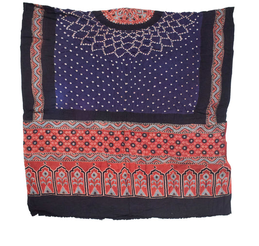 Ajrakh Satin Cotton Part Natural Dye Hand Block Print Dress Material with Bandhej Bottom and Dupatta - 2.5 Mt Top - SKU : MS24A01J