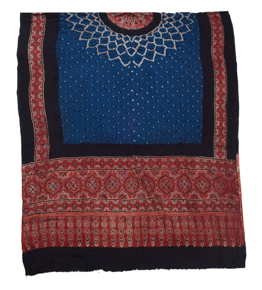 Ajrakh Satin Cotton Part Natural Dye Hand Block Print Dress Material with Bandhej Bottom and Dupatta - 2.5 Mt Top - SKU : MS24A01L