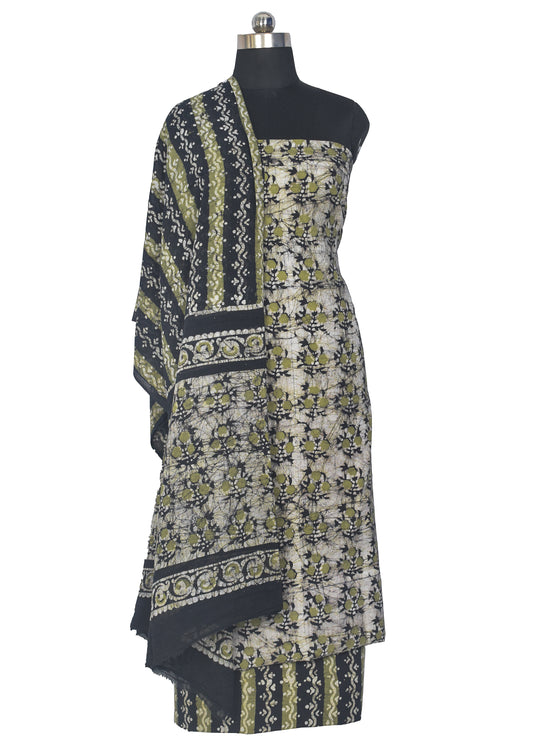 Wax Batik Cotton Three Colour Full Printed Hand Block Print Dress Material with 44 Inch wide Dupatta - 2.5 Mt Top - SKU : RA12C01F
