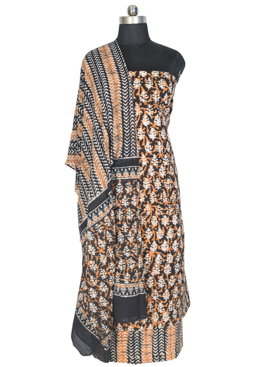 Wax Batik Cotton Three Colour Full Printed Hand Block Print Dress Material with 44 Inch wide Dupatta - 2.5 Mt Top - SKU : RA05401M