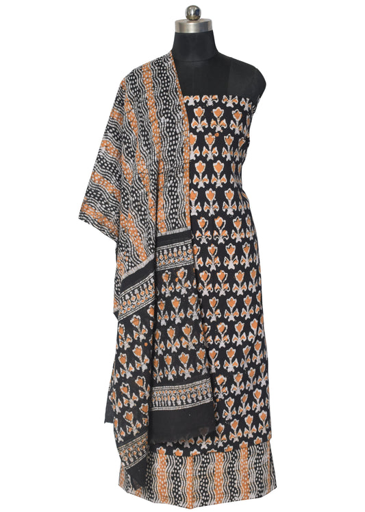 Wax Batik Cotton Three Colour Full Printed Hand Block Print Dress Material with 44 Inch wide Dupatta - 2.5 Mt Top - SKU : RA05401W
