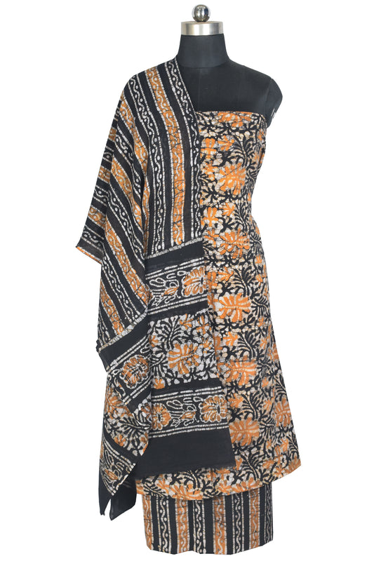 Wax Batik Cotton Three Colour Full Printed Hand Block Print Dress Material with 44 Inch wide Dupatta - 2.5 Mt Top - SKU : RA0540BC