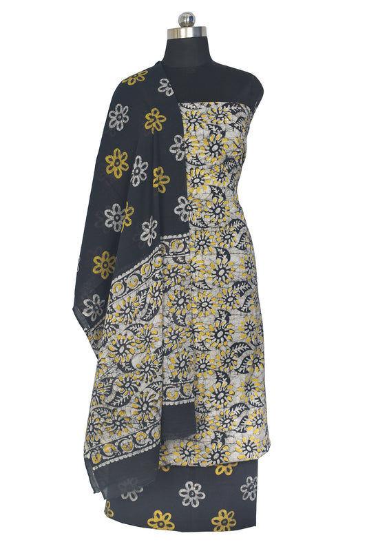 Wax Batik Cotton Three Colour Full Printed Hand Block Print Dress Material with 44 Inch wide Dupatta - 2.5 Mt Top - SKU : RA12C01C