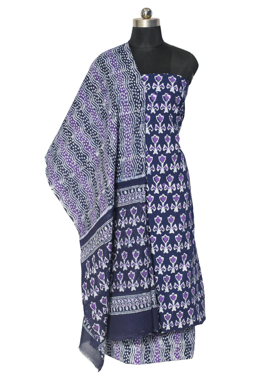 Wax Batik Cotton Three Colour Full Printed Hand Block Print Dress Material with 44 Inch wide Dupatta - 2.5 Mt Top - SKU : RA05401U