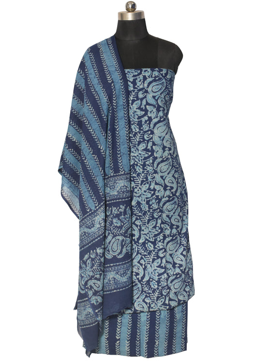 Wax Batik Cotton Three Colour Full Printed Hand Block Print Dress Material with 44 Inch wide Dupatta - 2.5 Mt Top - SKU : RA0540AH