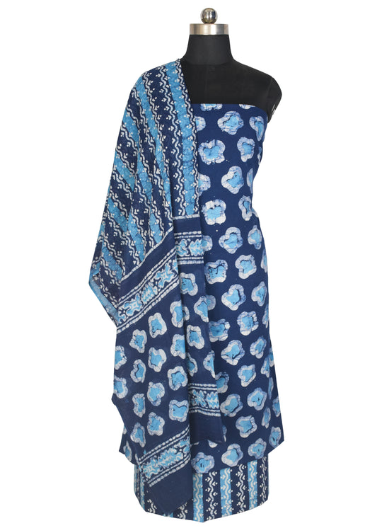 Wax Batik Cotton Three Colour Full Printed Hand Block Print Dress Material with 44 Inch wide Dupatta - 2.5 Mt Top - SKU : RA0540AU