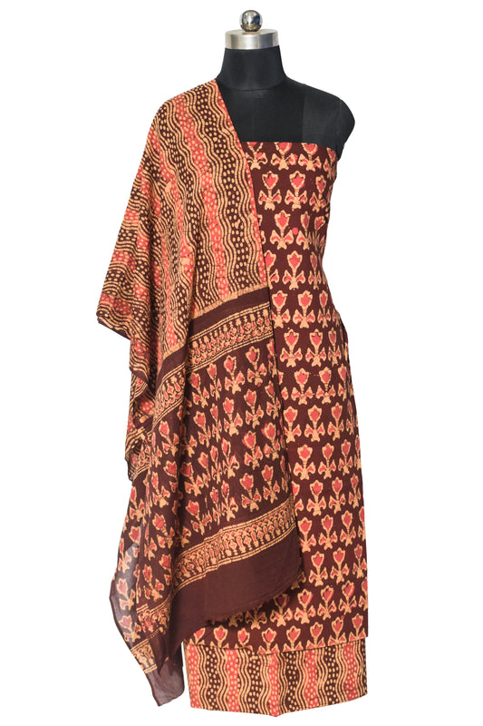 Wax Batik Cotton Three Colour Full Printed Hand Block Print Dress Material with 44 Inch wide Dupatta - 2.5 Mt Top - SKU : RA05401X