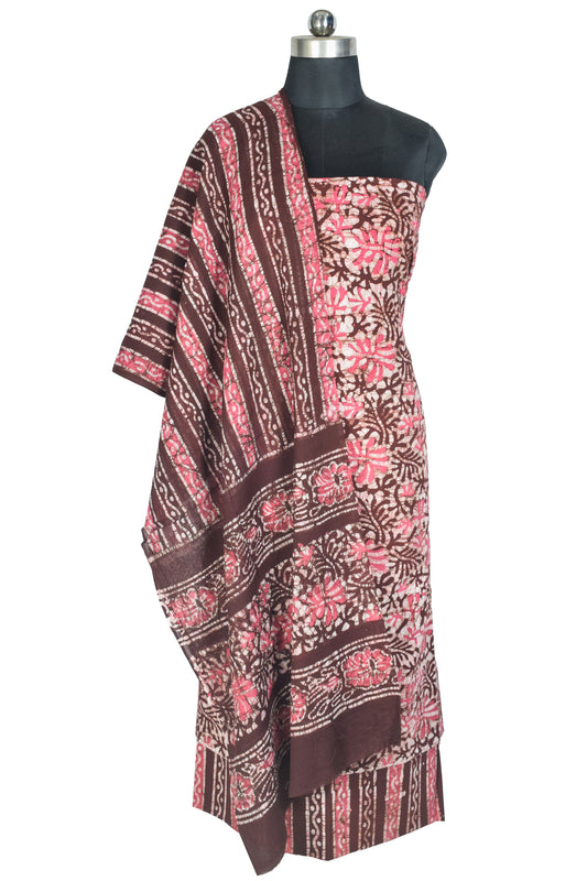 Wax Batik Cotton Three Colour Full Printed ( 3 Kam ) Hand Block Print Dress Material with 44 Inch wide Dupatta - 2.5 Mt Top - SKU : RA0540AZ