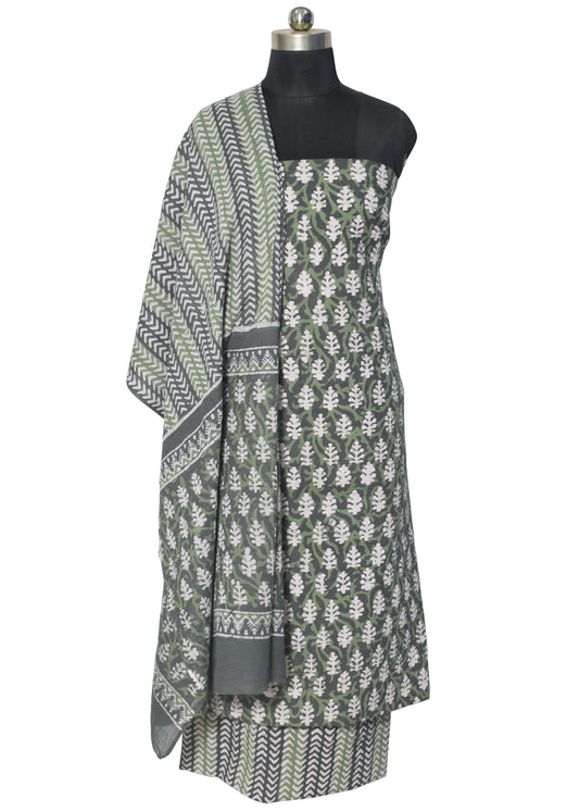 Wax Batik Cotton Three Colour Full Printed Hand Block Print Dress Material with 44 Inch wide Dupatta - 2.5 Mt Top - SKU : RA05401O