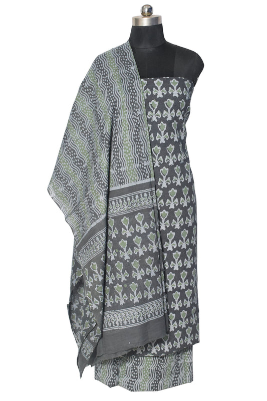 Wax Batik Cotton Three Colour Full Printed Hand Block Print Dress Material with 44 Inch wide Dupatta - 2.5 Mt Top - SKU : RA05401V