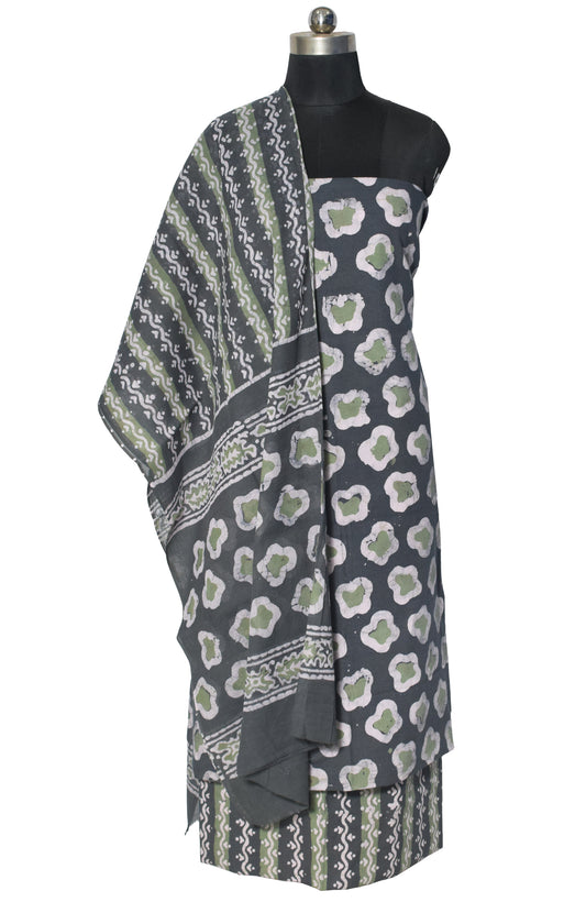 Wax Batik Cotton Three Colour Full Printed Hand Block Print Dress Material with 44 Inch wide Dupatta - 2.5 Mt Top - SKU : RA0540AW