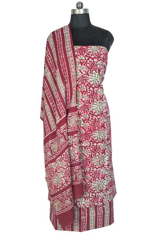 Wax Batik Cotton Three Colour Full Printed Hand Block Print Dress Material with 44 Inch wide Dupatta - 2.5 Mt Top - SKU : RA0540AA